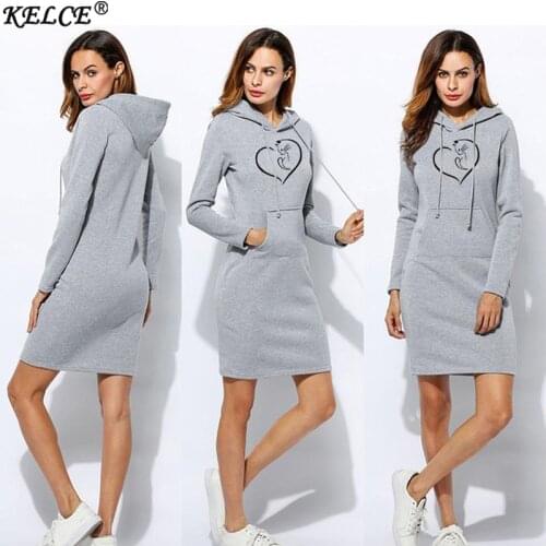 Women Hoody Dress Long Sleeve Pullover Hoodies Love Cat Pattern Sweatshirt Casual Hooded Basic Sportswear Lady Streetwear Tops