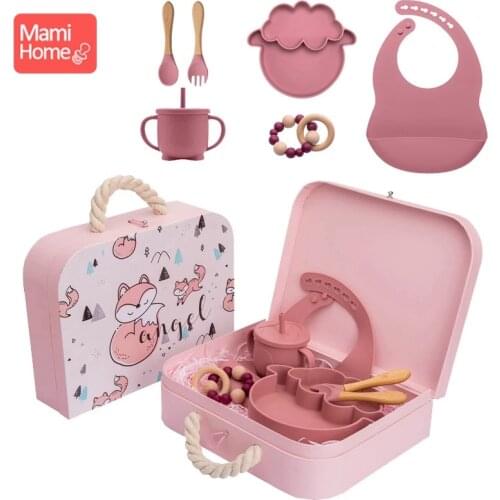 6pc/set Baby Feeding Dinnerware Set With Box Silicone Sheep Feeding Training Bowl Waterproof Spoon Learning Dishes Plate For Kid