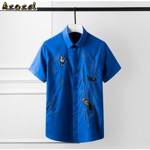 Azazel Mens Shirts Luxury Chinese Style Flower And Bird Embroidery Short Sleeve Men Shirts Fashion Casual Slim Shirts Man 4XL