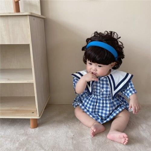 INS Korean 2021 Summer New Baby Girl Big Sailor Collar Short-sleeved Romper Toddler Plaid Romper Baby Jumpsuits Toddler Infant