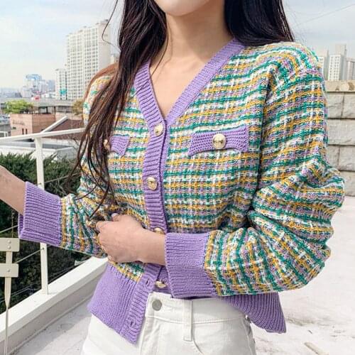 Women Sweater Cardigans Plaid Oversize V neck Tweed Autumn Winter Knitted Cardigans Girls Outwear Korean Chic Tops Kawaii #CC520