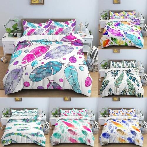 2/3Pcs Bedding Sets Colorful Feather Fashion Quilt Cover With Pillowcase Queen King Full Size Duvet Cover Set Home Textile