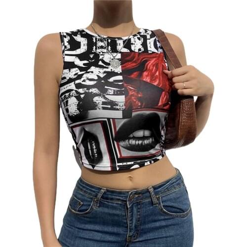 Women’s Fashion Abstract Lips Print Tank Top Harajuku Crop Top Summer Causal Round Neck Vest Exposed Navel Sleeveless Camisole