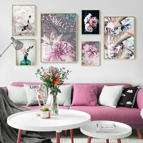 Fashion Poster Pink Rose Peony Art Print Feather Flower Modern Painting Nordic Stylefor Living Room Home Decor Wall Pictures