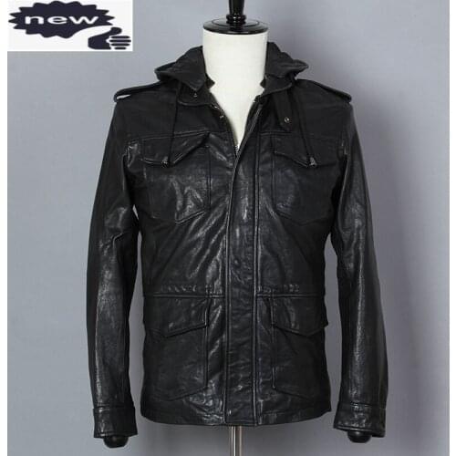 2021 Fashion Mens Hooded Genuine Black Sheepskin Slim Real Leather Jacket Men Multi-pocket Autumn Winter Coat