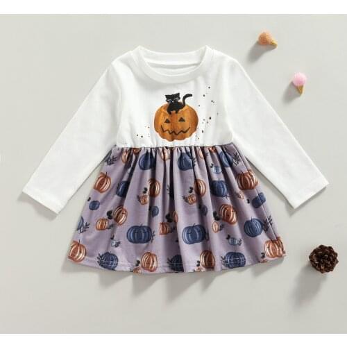 Toddler Baby Girls Princess Dress Halloween Pumpkin Print Long Sleeve Dress for Summer Infant Kids 6 Month-4 Years Clothes