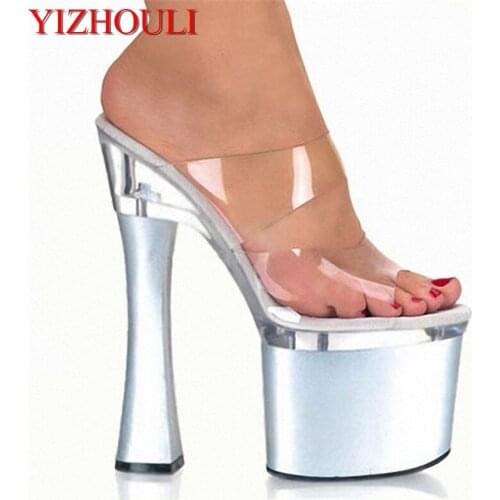 Silver Transparent Platform Sandals 18cm High-Heeled Shoes Sexy Hand Made Stripper Shoes 7 Inch Stiletto With Platform