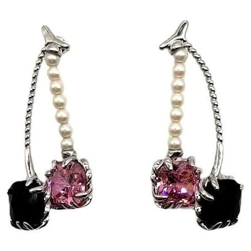 925 silver needle pink black zircon temperament pearl earrings colorful geometric earrings jewelry
