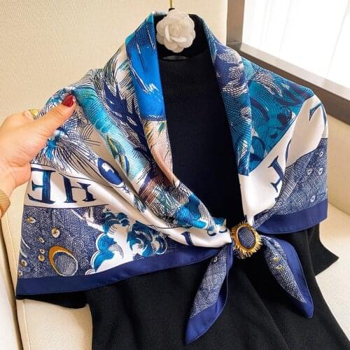 Versatile Silk Scarf Women Large Shawls Floral Print Stoles Square Bandana Luxury Brand Kerchief Scarves Female Foulard 90*90cm