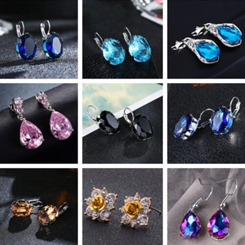 High Quality Women Anti-Allergy Big Earring Blue Round Shape Crystal Stone Cube Zirconia Wedding Jewelry Earring For Women