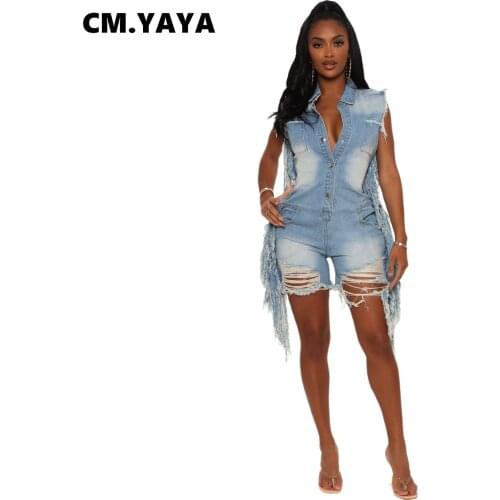 CM.YAYA Women Denim Playsuit Solid Hole Ripped Tassel Single Breasted Pockets Skinny Playsuits Fashion Rompers Summer Outfits