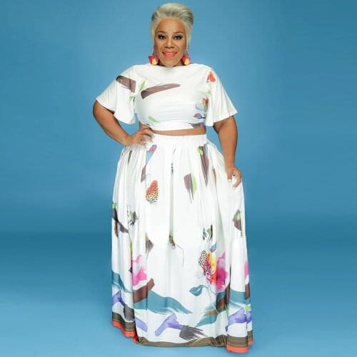 XL-5XL Plus Size Print Two Piece Dress Set Summer Clothes for Women Flare Sleeve O-neck Crop Top+high Waist Pleated Maxi Skirt
