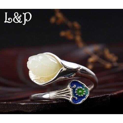L&P Gemstone 100% Silver Ring For Women Ethnic Style Cloisonn Magnolia Handmade Vintage 925 Sterling Ring Fine Jewelry Wholesale
