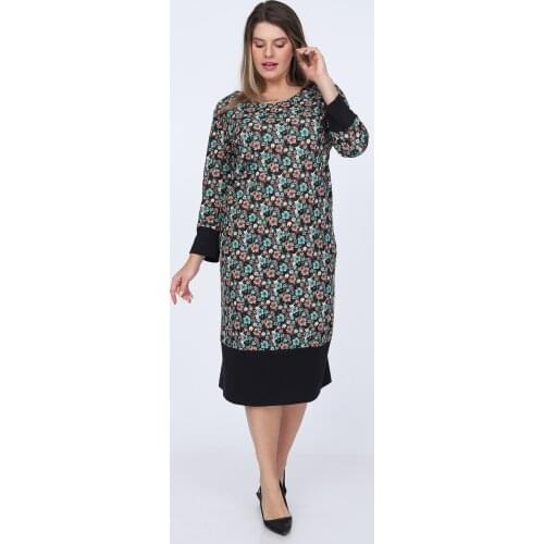 Schık Woman Large Size Floral Pattern Dress Green 1587