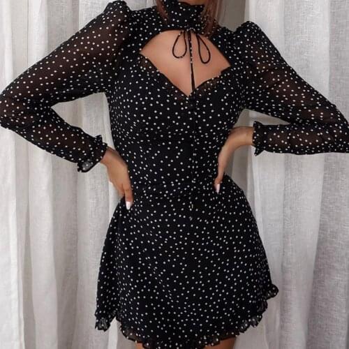 Sexy Lace Up V-Neck Day Mini Dress Womens Black Polka Dot Chiffon Party Dress Vintage Elegant Daily Clothes Female for Going ou