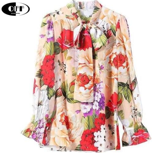 Designer Office Work OL Bow Loose Shirt Tops Women Summer Autumn Long Sleeve Floral Fashion Ladies Blouses Woman Clothes Female