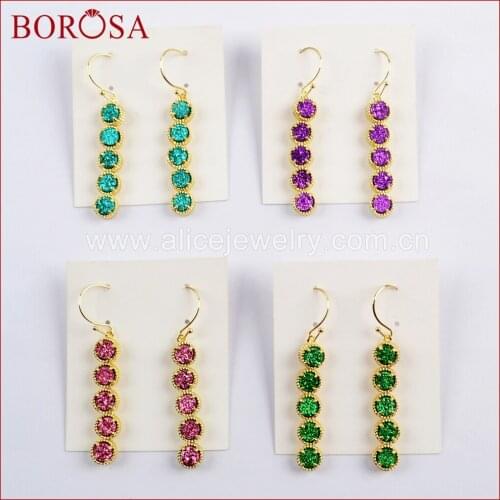 BOROSA 3Pairs Gold Color Five Round Titanium Aqua Rainbow Druzy Earrings Fahsion Drop Earring for Women Lady ZG0350