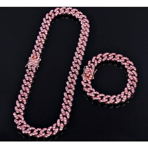 Women Men Rose Gold Color Necklace+Bracelet Hip Hop Miami Curb Cuban Chain Iced Out Paved Rhinestones CZ Bling Rapper Jewelry