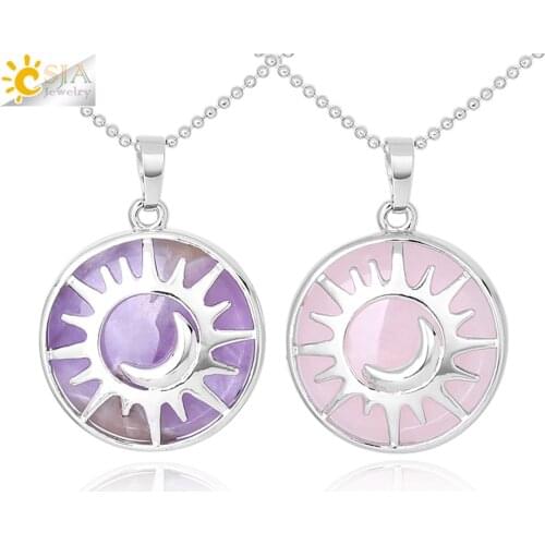 CSJA Moon Sun Necklaces Pendant Flat Bead Natural Stone Crystal Quartz Silver Color Necklace Reiki Amulet Women Men Jewelry F335