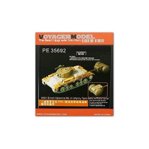 KNL HOBBY Voyager Model PE35692 Valentine Mk.III Infantry Tank and Metal Shredder for Uniaxial Trailer