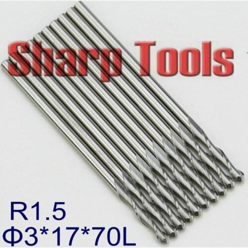 R1.5*D3.0*17*70L 2 Flutes Ball Nose End Mill Carbide Router Bit Woodworking Cutter CNC Tools for 3D Engraving Milling Machine
