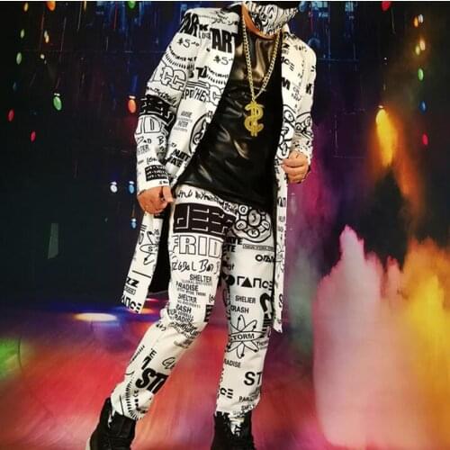 New Fashion Black And White Letter Graffiti Hip Hop Men Medium Long Suit Male Singer Night Club Personality Stage Costume Coat