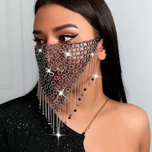 2020 New Fashion Crystal Masquerade Mask Women Party Jewelry Fishing Net Metal Rhinestone Tassle Shining Face Mask