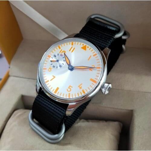 44mm Pilot style not have logo Mechanical Hand Wind Mens Watch Silver dial orange number black nylon band st3600-2 movement