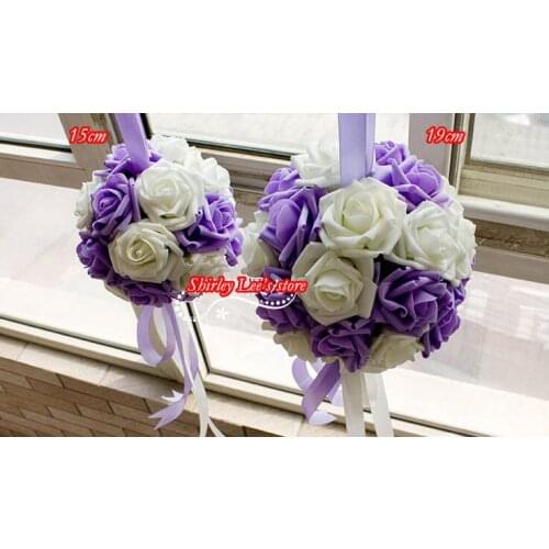 New!!! (19cm /15cm) Foam Rose Ball W/Ribbon Handle Kissing Ball In Purple+White *FREE SHIPPING