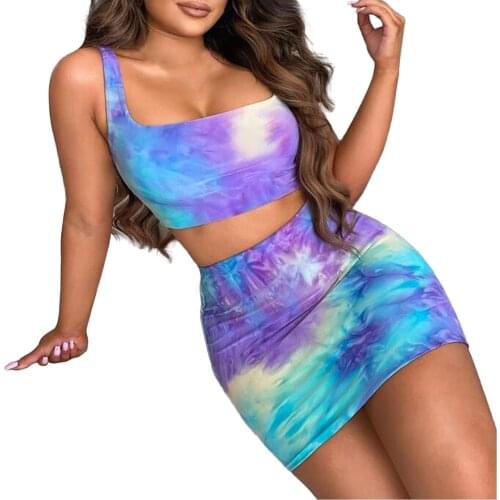 New Women Sexy Purple Tie-Dye Two Piece Outfits U-Shape Crop Tank Top Sheath Dress Tight skirt Sets Vetement Femme 2021 A40
