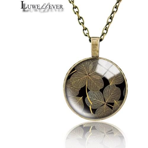 Black Gold Leaves Necklace 725 25mm Bronze 30mm Wood Rhinestone Double-sided Moon Round Glass Pendant For Women Gift