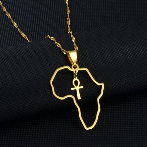 Anniyo Egyptian Cross Ankh Symbol Pendant Necklaces Women Girls Gold Color Africa Map Jewelry Egypt Hieroglyphs Nile Key #177721