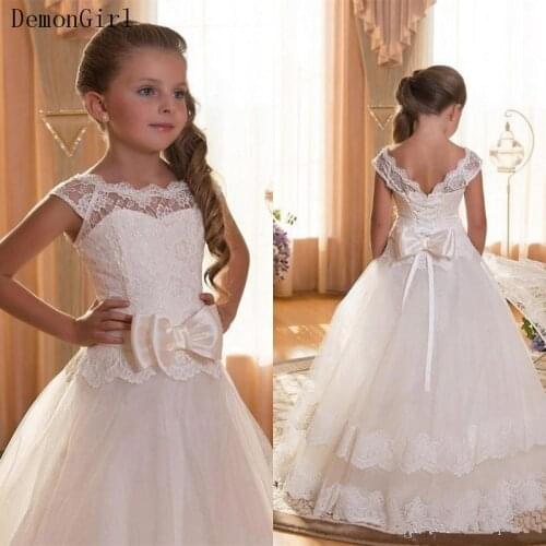 First Communion Dresses For Girls Scoop Neck Lace Tulle Flower Girls Dress with Bow Pageant Dresses For Girls