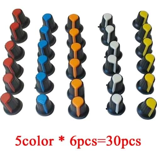 30PCS/lot potentiometer knobs 15X17mm 6mm WH148 potentiometer B10K color knob cap Yellow Orange Blue White Red 5value*6PCS=30PCS