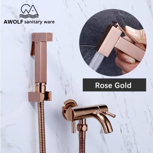Rose Gold Hand Held Bidet Sprayer Square Toilet Shattaf Solid Brass Douche Kit Dual Watre Outlet Faucet Shower Head AP2179