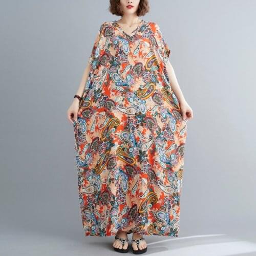 Print Floral Bohemian Vintage Dress V-neck Short Sleeve Loose Summer Dress Thin Cotton Satin Women Travel Casual Beach Dress