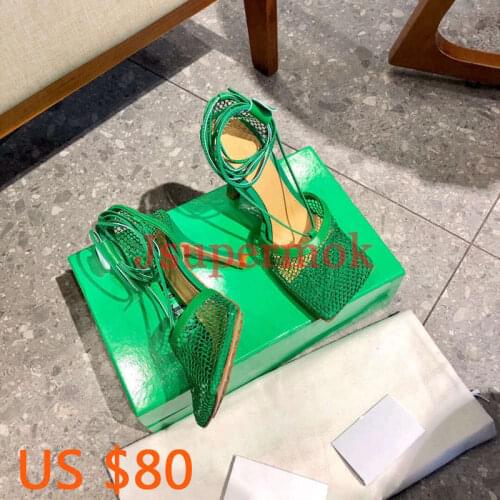 New Summer Fashion Design Weave Women Sandals Hollow out High heels Ladies Sandals Bandage Square head Sandals