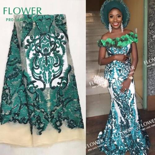 Green Color Sequined Embrodiered Mesh Lace Fabric African India Women Wedding Party Dresses Laces 2018 High Quality Net Fabrics