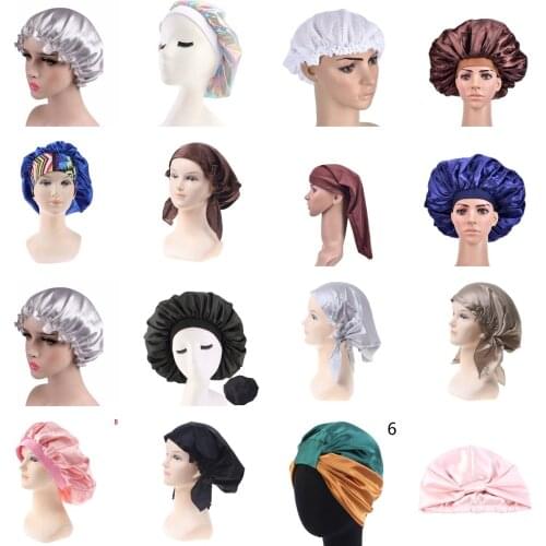 29 Styles Fashion Women Elastic Shower Cap Satin Night Sleep Cap Shower Cap Hair Bonnet Hat Silk Head Cover Wide Elastic Band