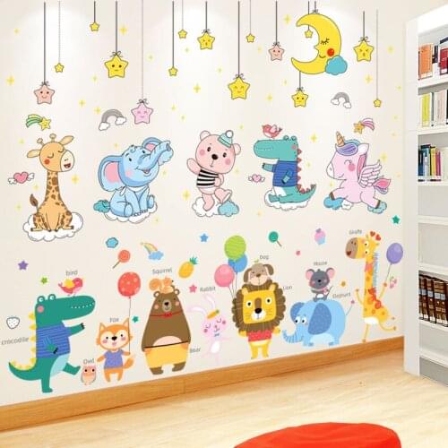 [SHIJUEHEZI] Animals Wall Stickers DIY Cartoon Giraffe Bear Wall Decals for Kids Rooms Baby Bedroom Nursery House Decoration