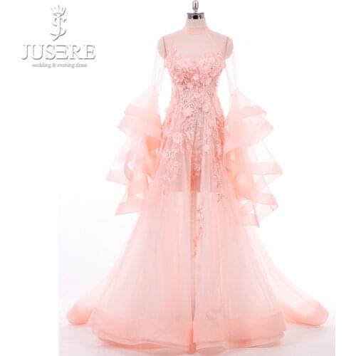 Fairy Style Long Ruffle Sleeves Illusion Empire A line 3D flowers Blush Tulle Baby Pink Lovely Maternity Gown Evening Dress 2018