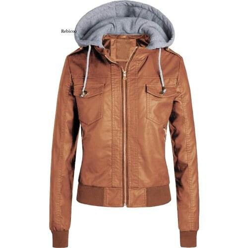 Women Leather Jacket Leisure Motorcycle Pu Coat Motorcycle Rider Leather Jacket Hooded Coat Autumn and Winter New