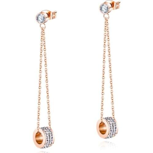 Round Paved CZ Long Chain Tassels Drop Earrings For Women Stainless Steel Rose Gold Color party Ear Jewelry Gift Drop Shipping