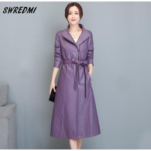 SWREDMI Long Leather Trench Women Leather Jacket Autumn Fashion Leather Clothing High Street Sashes Leather Coats Female