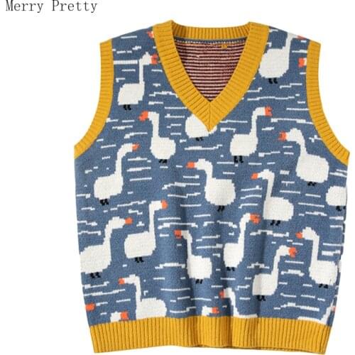 2021 Winter Women Sweater Vest Chic Cartoon Duck Embroidery Jacquard Knitted Sleeveless V-neck Sweet Sweaters Girl Pullovers Top