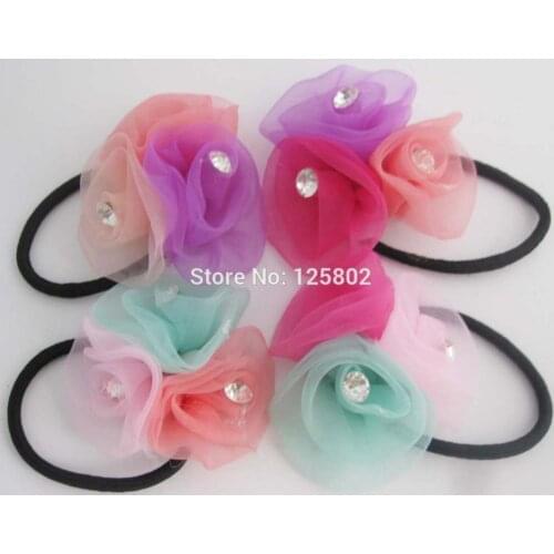5 piece Elastic Hair Bands with Rhinestone Multicolor 6cm Rosettes Ribbons For women Hair jewelry accessories
