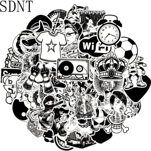 50 PCS Black and White Cool Stickers Mixed Random Punk Graffiti Anime JDM Waterproof Sticker for DIY Guitar Bike Laptop Stickers
