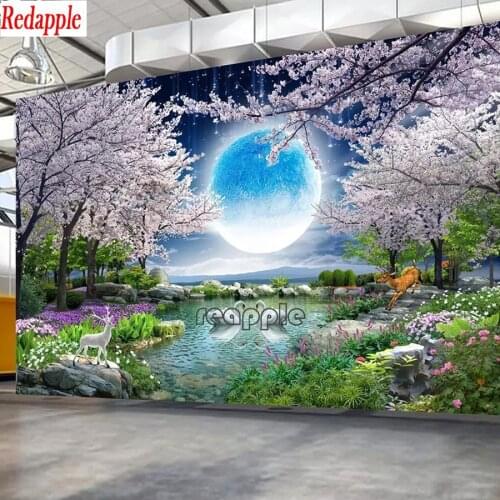 Moon Cherry Blossom Tree Nature Landscape DIY Diamond Embroidery,Diamond European Full Diamond painting cross stitch large decor
