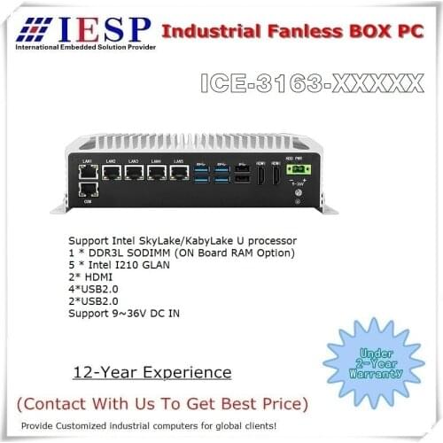 Fanless Box PC, 5*I210 GLAN, Core i3-6100U, 8GB RAM, 256GB SSD, Rugged Industrial Computer