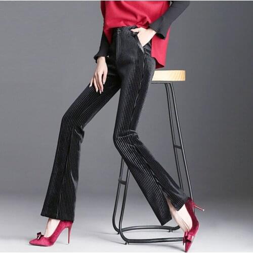 Winter Fall Fashion Women Elegant High Waisted Black Velvet Flare Trousers , Winter Womens Slim Thick Warm Fleece Velour Pants